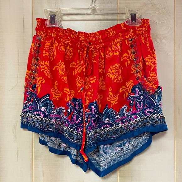 Free People Red Blue Beaded Drawstring Shorts Sz XS Hippie Boho Festival - Picture 3 of 5